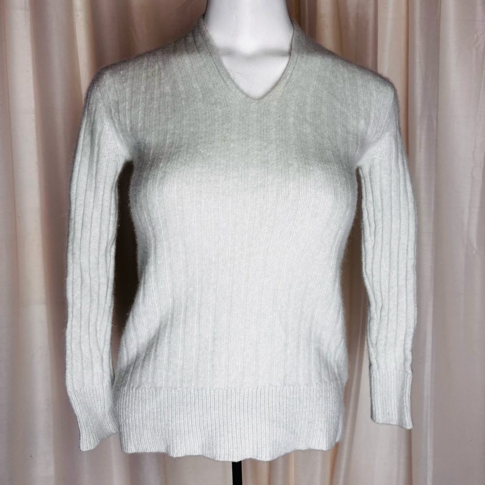 White + Warren 100% Cashmere Ribbed Cable V Neck Sweater